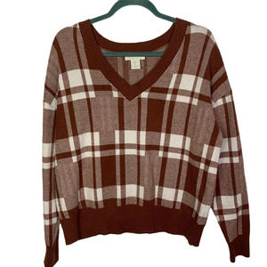 Christian Siriano Brown Plaid Pullover V Neck Sweater, Size L